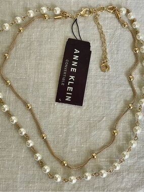 NWT Anne Klein Gold Tone  and White Faux Pearl Layered Convertible Necklace